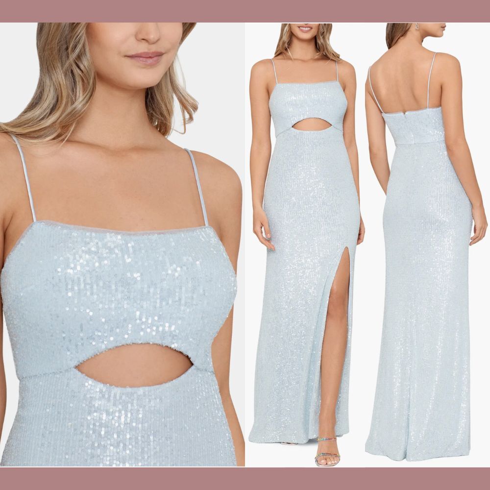 NWD $308 XSCAPE [‎ 14 ] Sleeveless Square Neck Sequin Cutout Gown in Blue #Q1007